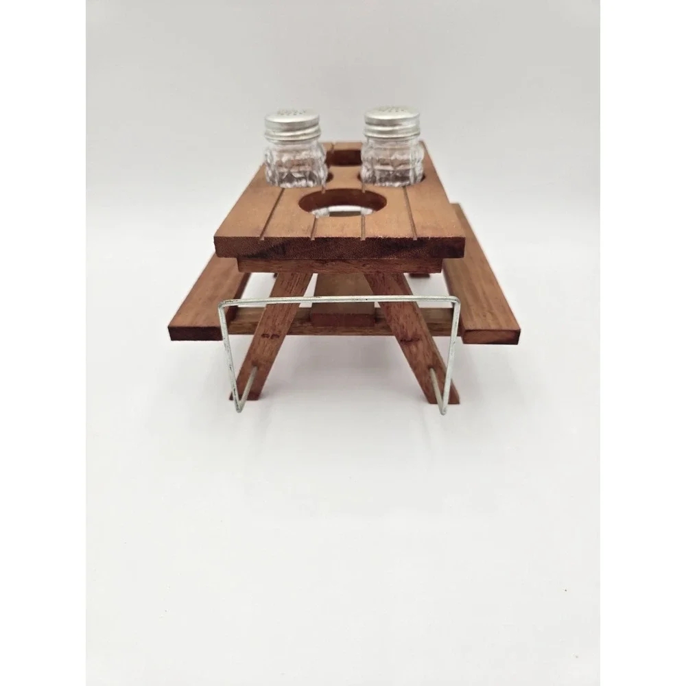 Wooden Picnic Table Condiment Caddy Salt and Pepper Shakers Napkin Holder VTG